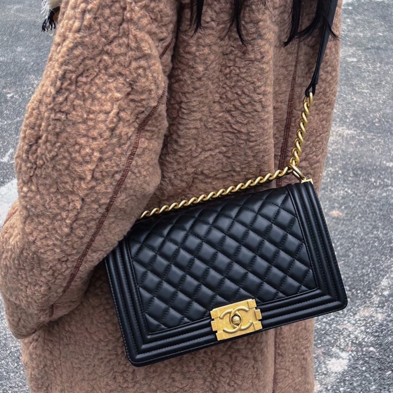 全新🈶購證😍Chanel香奈兒黑金leboy25菱格紋單肩斜挎鏈條包-1