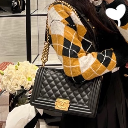 全新🈶購證😍Chanel香奈兒黑金leboy25菱格紋單肩斜挎鏈條包-3