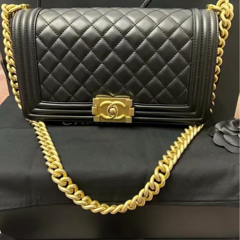 全新🈶購證😍Chanel香奈兒黑金leboy25菱格紋單肩斜挎鏈條包-4