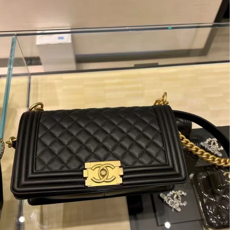 全新🈶購證😍Chanel香奈兒黑金leboy25菱格紋單肩斜挎鏈條包-6
