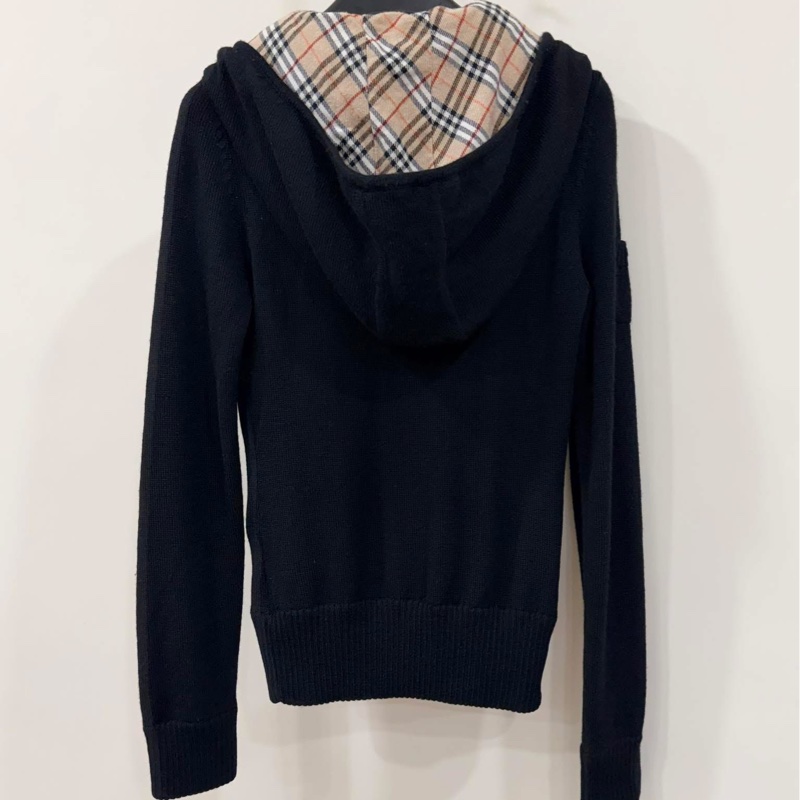 BURBERRY 藍標 黑色連帽經典格紋毛料戰馬外套-2