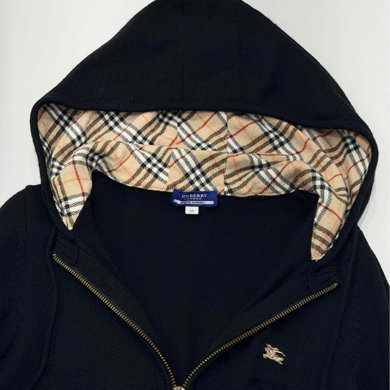 BURBERRY 藍標 黑色連帽經典格紋毛料戰馬外套-4