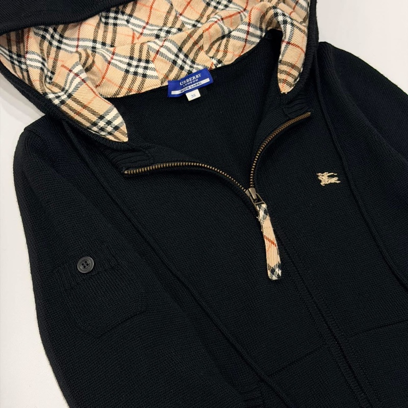 BURBERRY 藍標 黑色連帽經典格紋毛料戰馬外套-5
