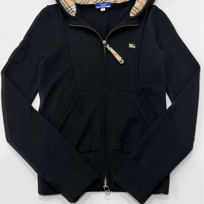 BURBERRY 藍標 黑色連帽經典格紋毛料戰馬外套-6