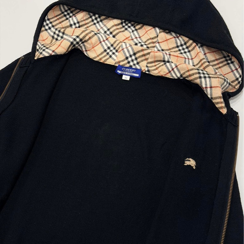 BURBERRY 藍標 黑色連帽經典格紋毛料戰馬外套-7