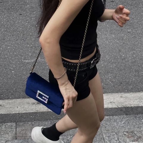 GUCCI 藍色絲絨水鑽扣肩背斜背包20*11*5 98新配件塵袋