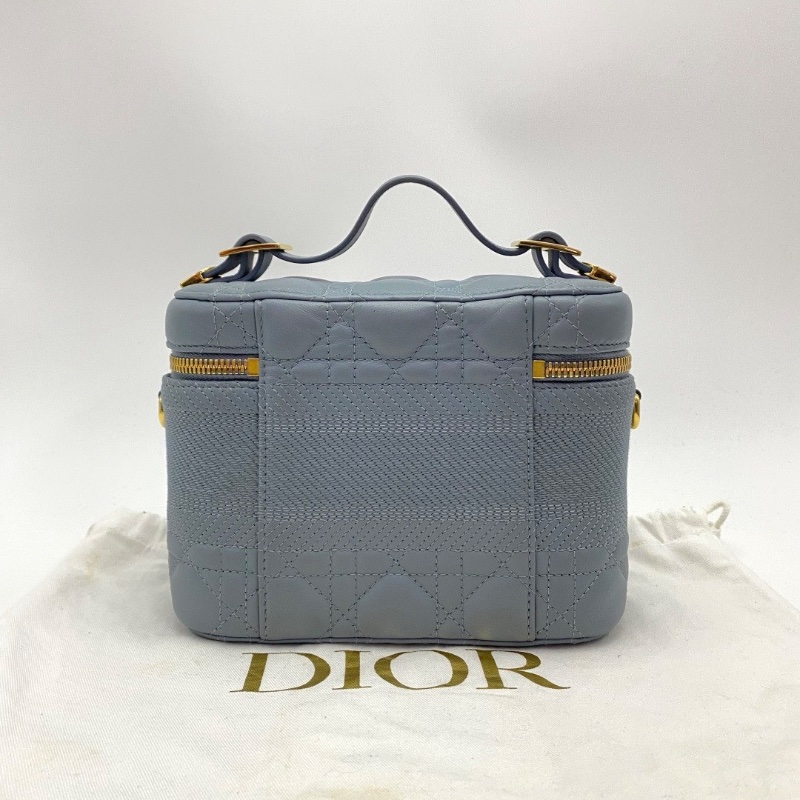 DIOR 霧霾藍金扣羊皮藤格紋化妝包18*14*10.5 98新配件塵袋-2