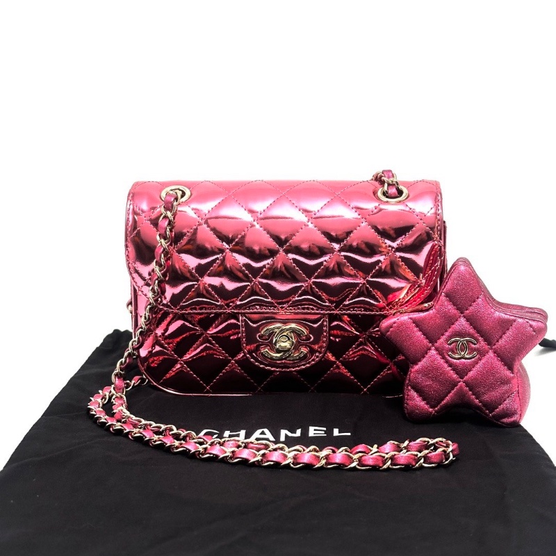 CHANEL 粉色鏡面漆皮星星包20*14*4 98新配件塵袋-1