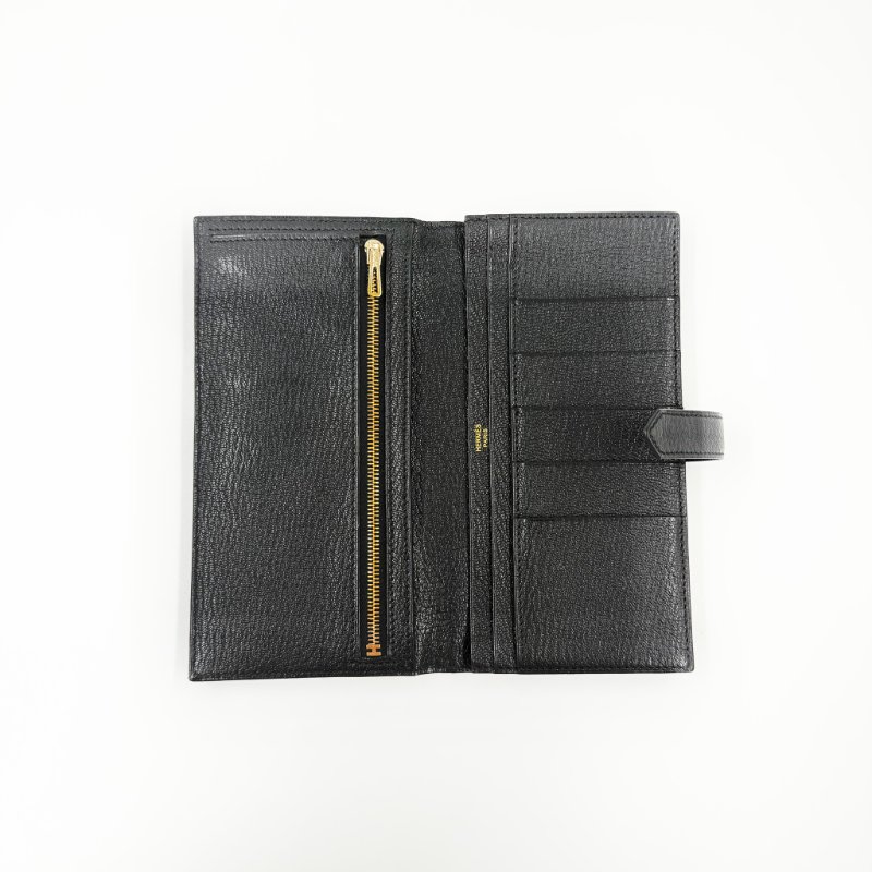 HERMES - 黑色山羊皮89Noir Béarn金釦H長夾-2