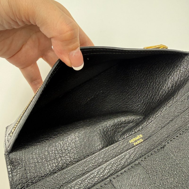 HERMES - 黑色山羊皮89Noir Béarn金釦H長夾-3