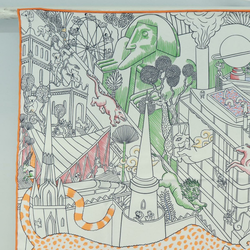 【日本直送】愛馬仕 Carre 90 絲巾「Animapolis」白色真絲款，正品編號 172016SAM-1