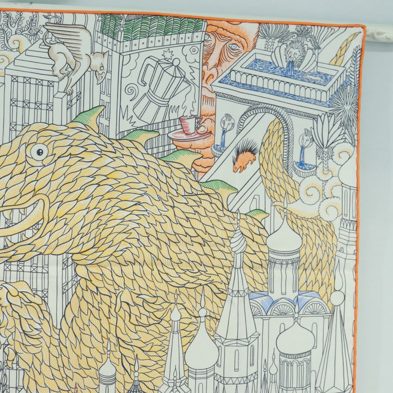 【日本直送】愛馬仕 Carre 90 絲巾「Animapolis」白色真絲款，正品編號 172016SAM-3