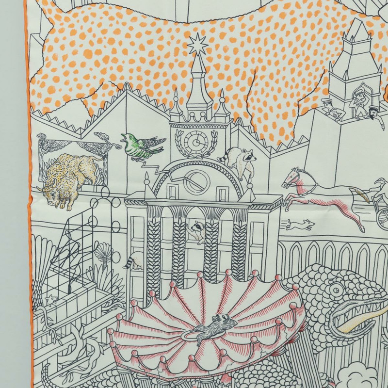 【日本直送】愛馬仕 Carre 90 絲巾「Animapolis」白色真絲款，正品編號 172016SAM-4