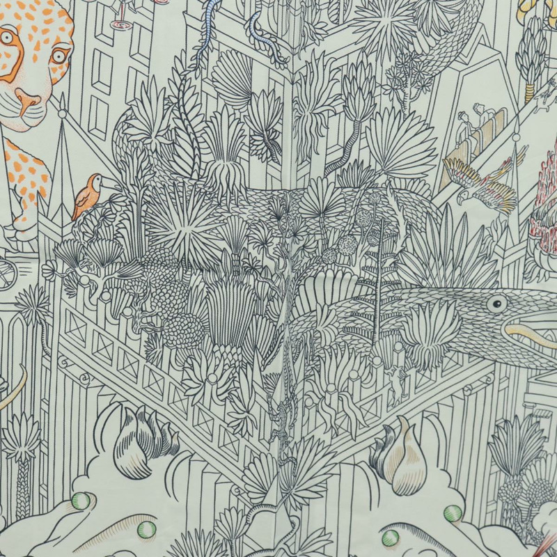 【日本直送】愛馬仕 Carre 90 絲巾「Animapolis」白色真絲款，正品編號 172016SAM-5