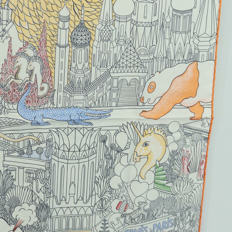 【日本直送】愛馬仕 Carre 90 絲巾「Animapolis」白色真絲款，正品編號 172016SAM-6