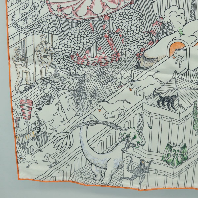 【日本直送】愛馬仕 Carre 90 絲巾「Animapolis」白色真絲款，正品編號 172016SAM-7