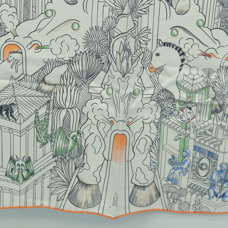 【日本直送】愛馬仕 Carre 90 絲巾「Animapolis」白色真絲款，正品編號 172016SAM-8