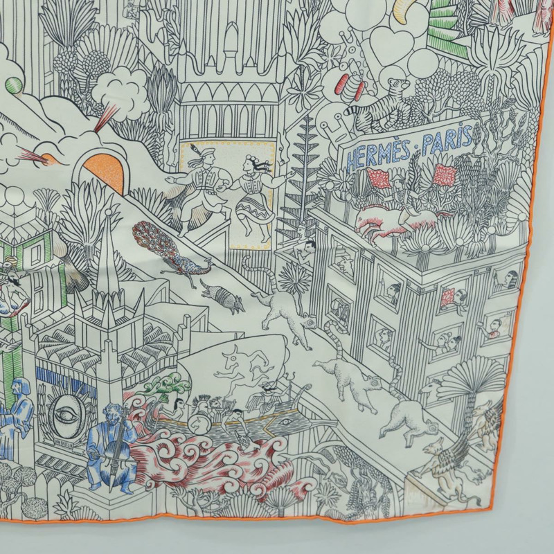 【日本直送】愛馬仕 Carre 90 絲巾「Animapolis」白色真絲款，正品編號 172016SAM-9