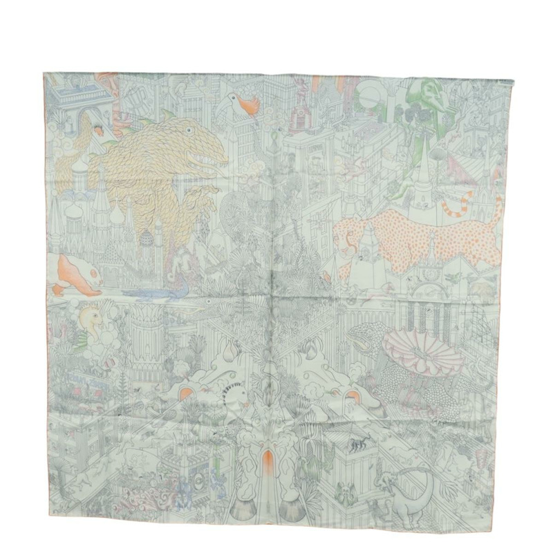 【日本直送】愛馬仕 Carre 90 絲巾「Animapolis」白色真絲款，正品編號 172016SAM-16