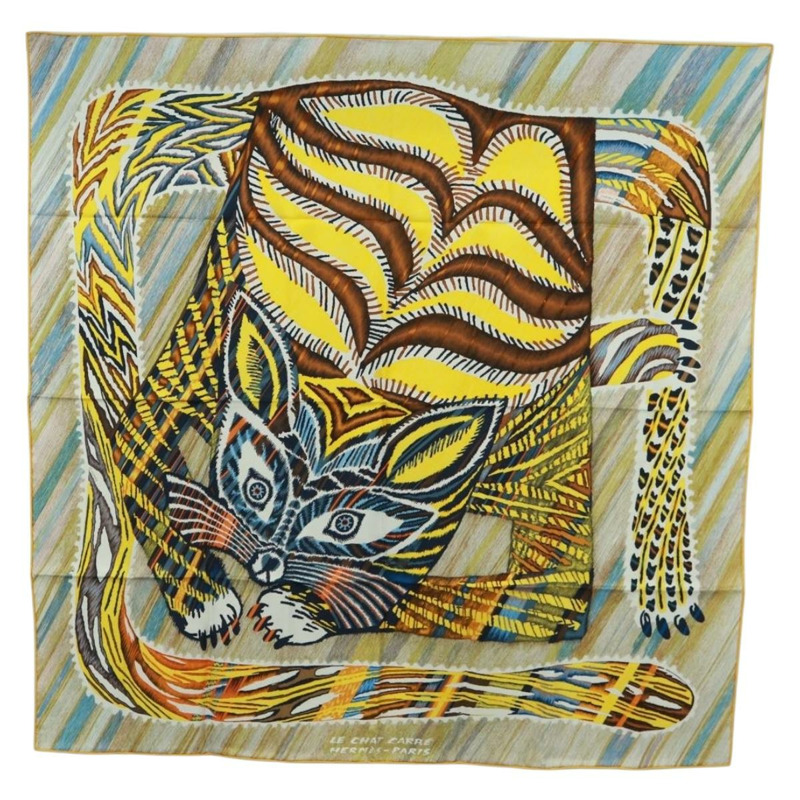 【日本直送】愛馬仕 Carre 90 絲巾 “LE CHAT CARRE” 米色真絲 Auth 172015SAM-0