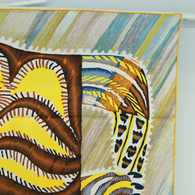 【日本直送】愛馬仕 Carre 90 絲巾 “LE CHAT CARRE” 米色真絲 Auth 172015SAM-3