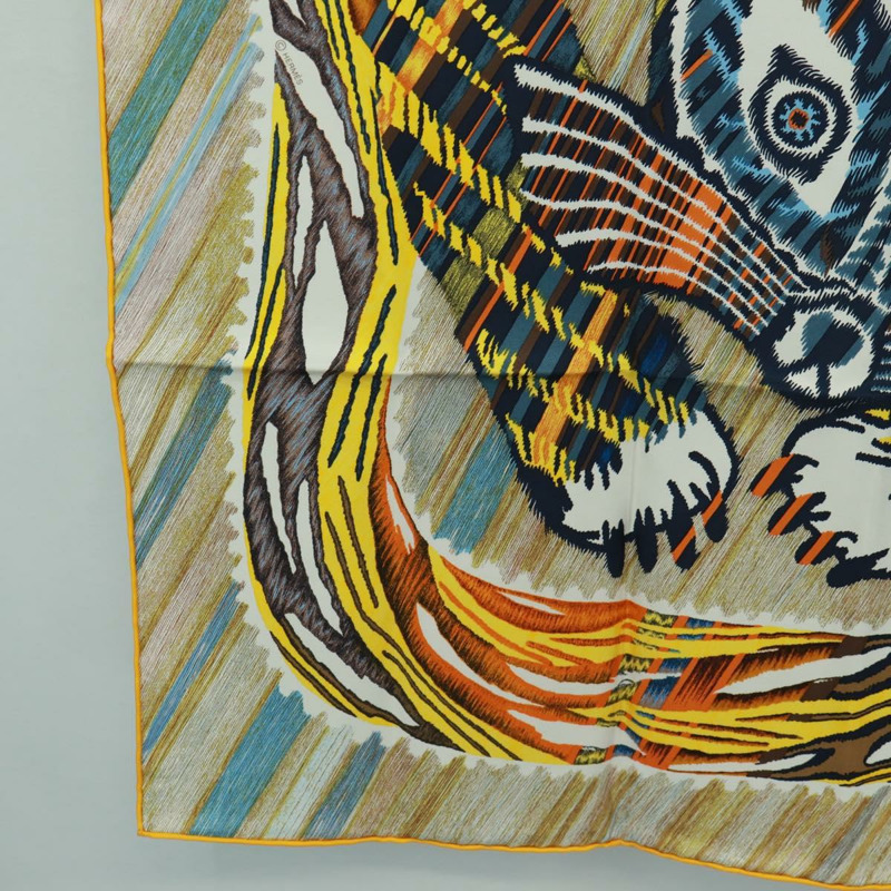 【日本直送】愛馬仕 Carre 90 絲巾 “LE CHAT CARRE” 米色真絲 Auth 172015SAM-7