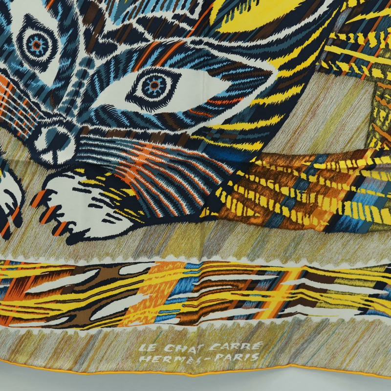 【日本直送】愛馬仕 Carre 90 絲巾 “LE CHAT CARRE” 米色真絲 Auth 172015SAM-8
