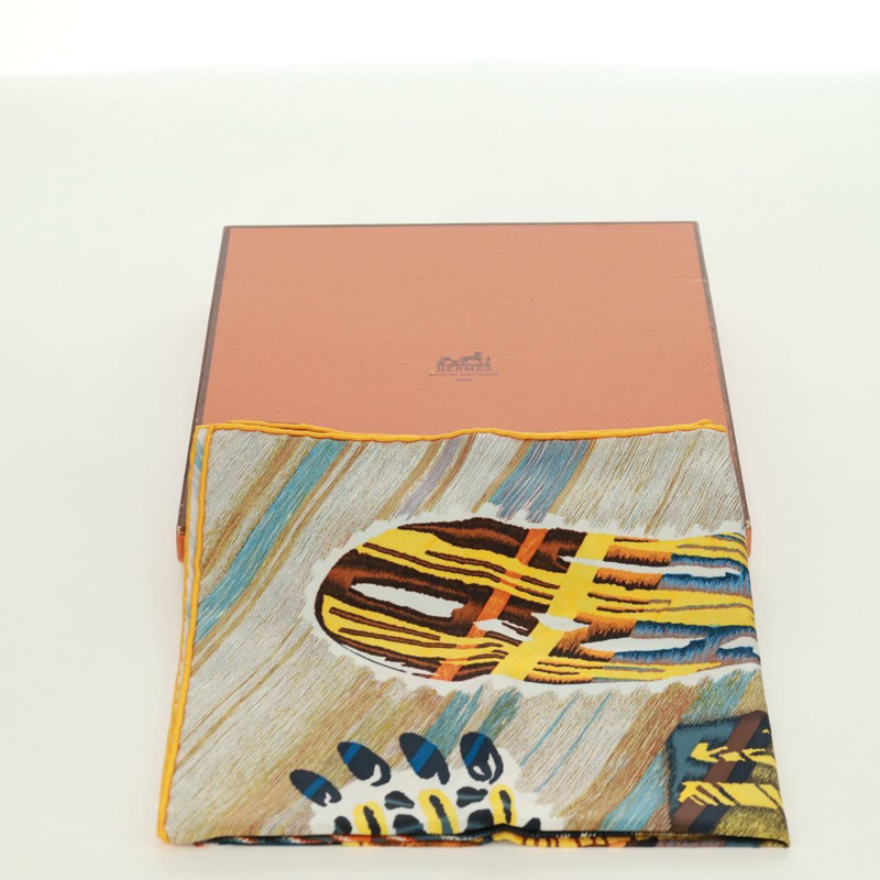 【日本直送】愛馬仕 Carre 90 絲巾 “LE CHAT CARRE” 米色真絲 Auth 172015SAM-11