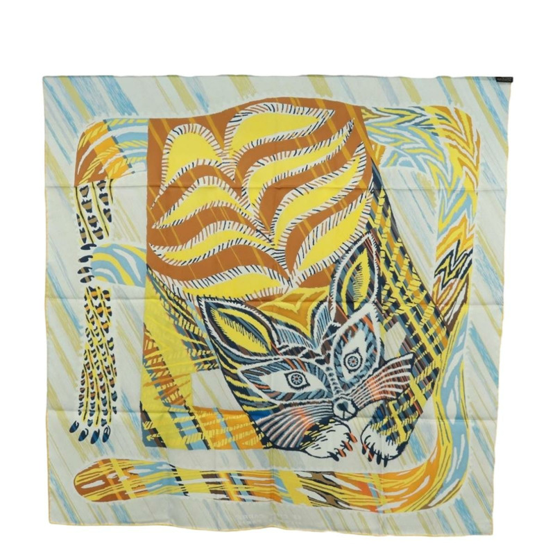 【日本直送】愛馬仕 Carre 90 絲巾 “LE CHAT CARRE” 米色真絲 Auth 172015SAM-13