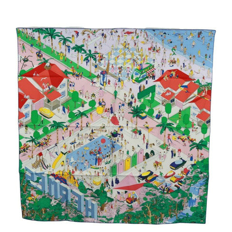 愛馬仕 Carre 90 絲巾 “Hermes on The Beach” 真絲 多色 Auth 172019SAM