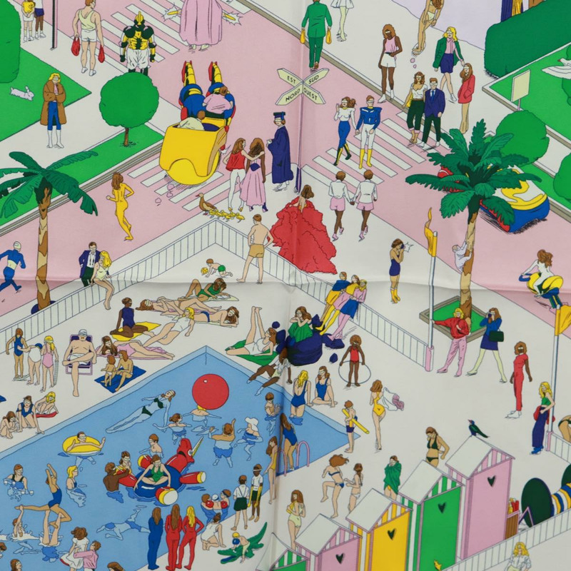 【日本直送】愛馬仕 Carre 90 絲巾 “Hermes on The Beach” 真絲多色款 Auth 172019SAM-5