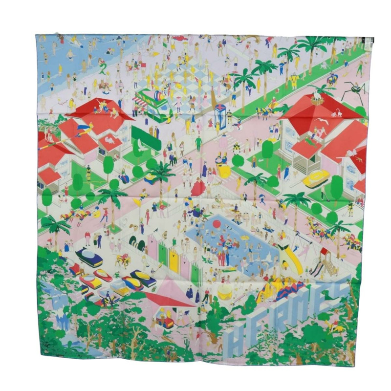 【日本直送】愛馬仕 Carre 90 絲巾 “Hermes on The Beach” 真絲多色款 Auth 172019SAM-16