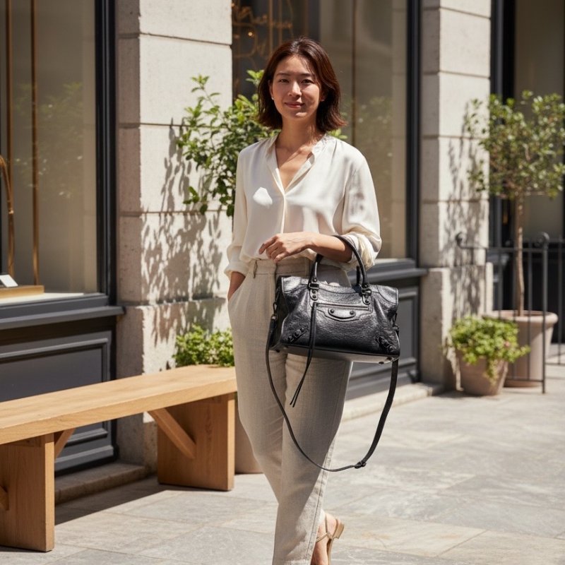 ✨2026季度全新✨Balenciaga 823058 Le City 小羊皮中款機車包 黑色金釦-4