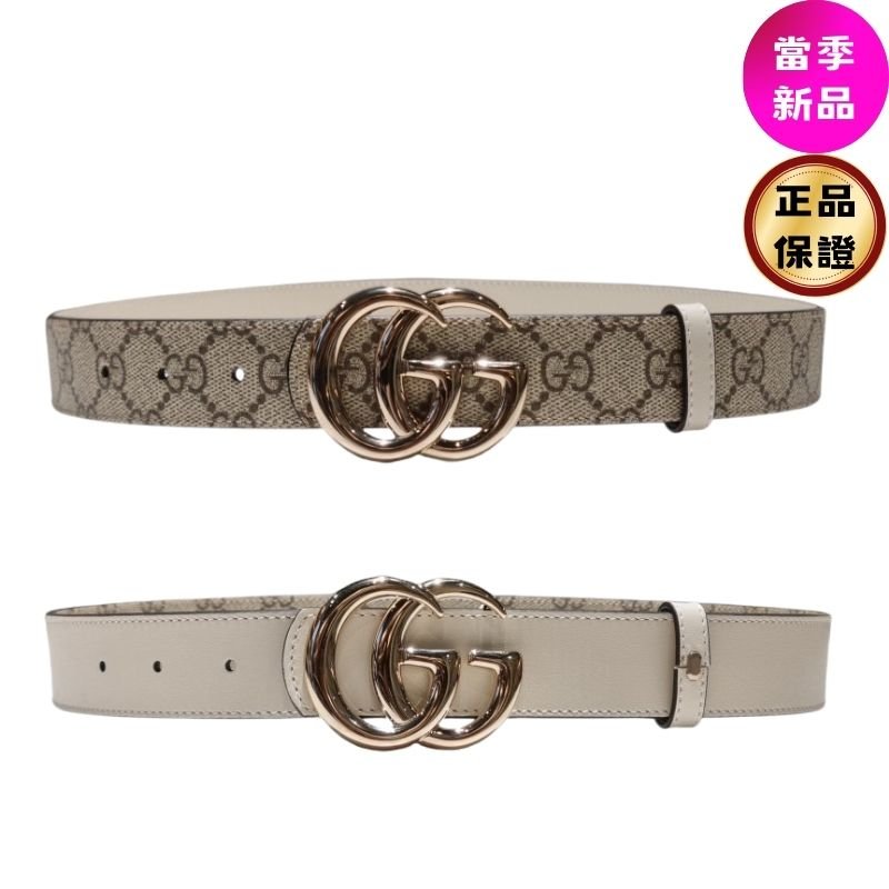 ✨2026季度全新✨Gucci 女款 847131 GG Supreme 3 公分寬雙面腰帶 米色帆布／象牙白皮革 75/80/85/90公分-1
