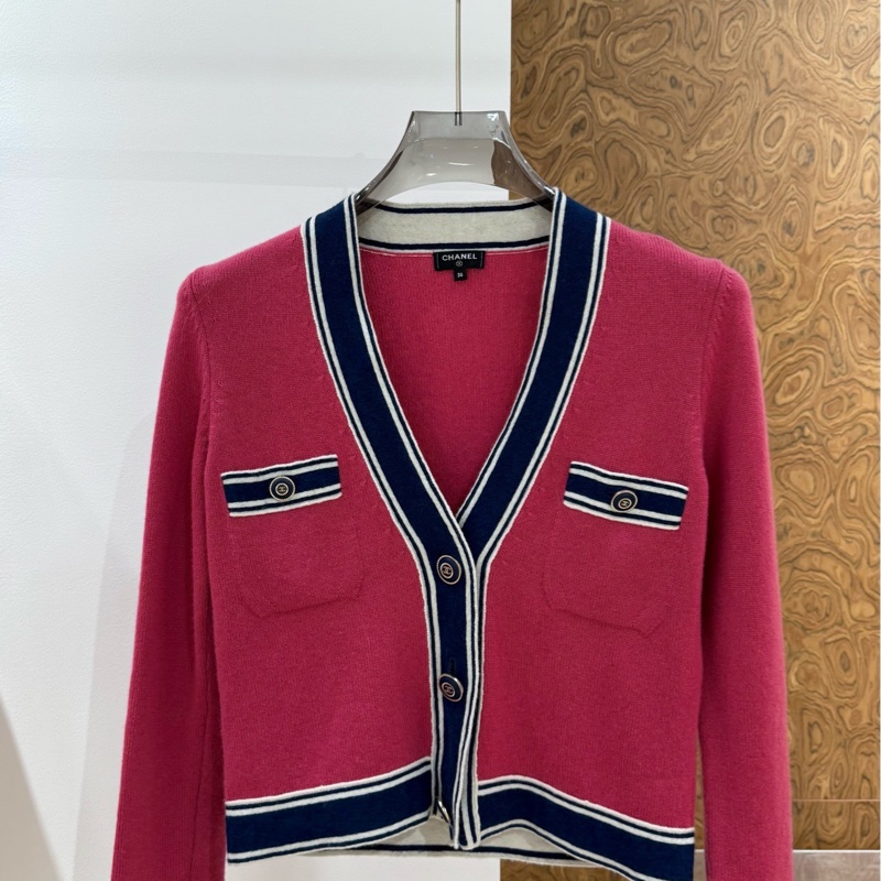 99新 chanel/香奈兒 山羊絨開衫 36碼 粉藍白條紋  肩40胸86長50-0
