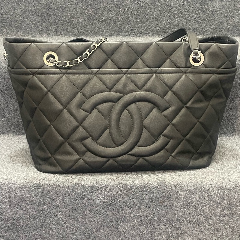 Chanel香奈兒 黑銀荔枝紋牛皮雙C大購物tote  單肩手提包 容量大 雙鏈 17開-0