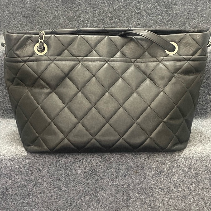 Chanel香奈兒 黑銀荔枝紋牛皮雙C大購物tote  單肩手提包 容量大 雙鏈 17開-1
