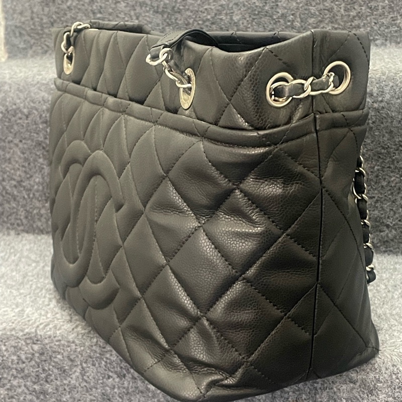 Chanel香奈兒 黑銀荔枝紋牛皮雙C大購物tote  單肩手提包 容量大 雙鏈 17開-3