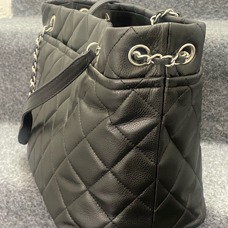 Chanel香奈兒 黑銀荔枝紋牛皮雙C大購物tote  單肩手提包 容量大 雙鏈 17開-4