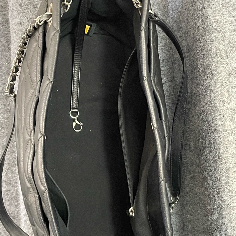 Chanel香奈兒 黑銀荔枝紋牛皮雙C大購物tote  單肩手提包 容量大 雙鏈 17開-7
