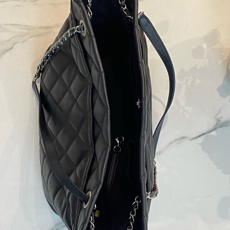 Chanel香奈兒 黑銀荔枝紋牛皮雙C大購物tote  單肩手提包 容量大 雙鏈 17開-8