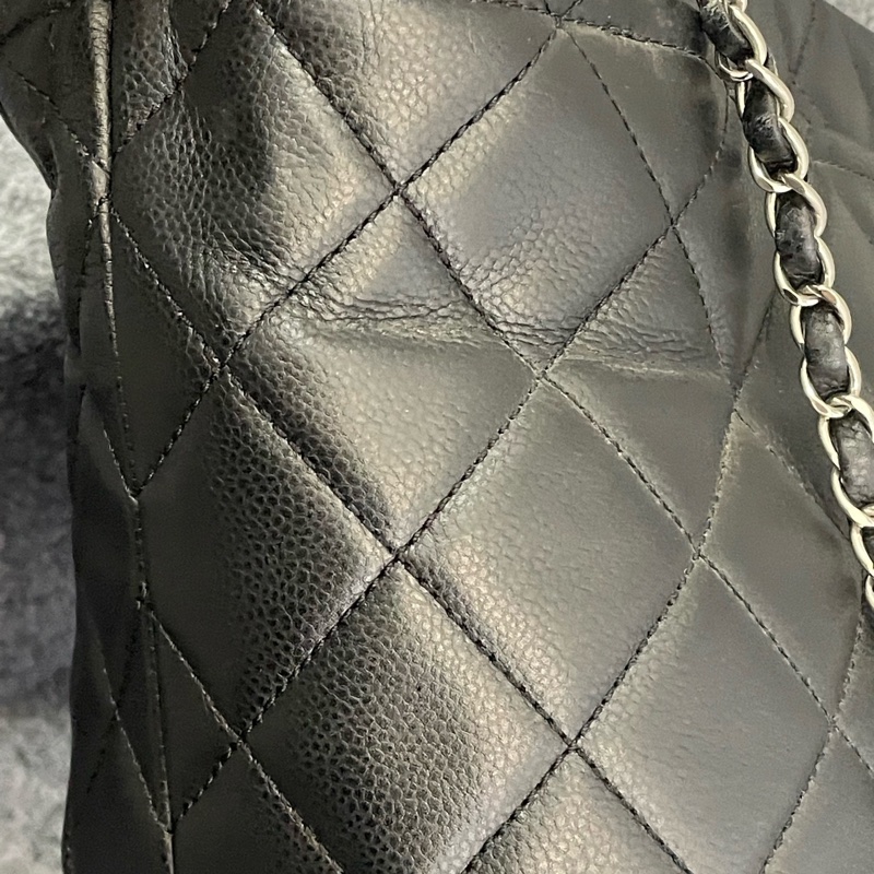 Chanel香奈兒 黑銀荔枝紋牛皮雙C大購物tote  單肩手提包 容量大 雙鏈 17開-9