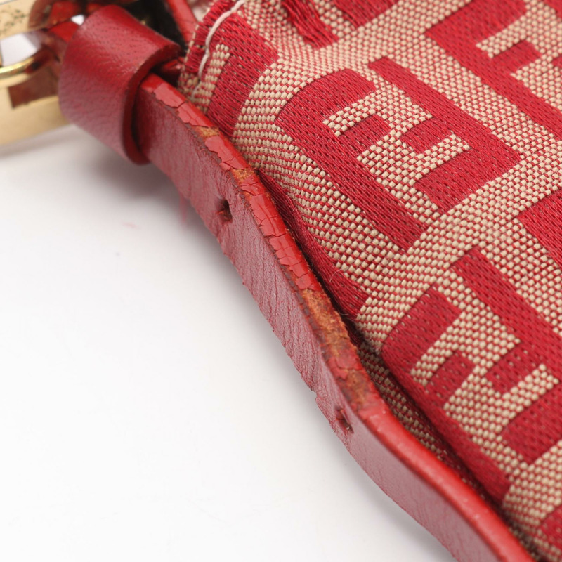 FENDI Zucchino 單肩包 26796 帆布皮革 紅色 米色 二手 女士-4