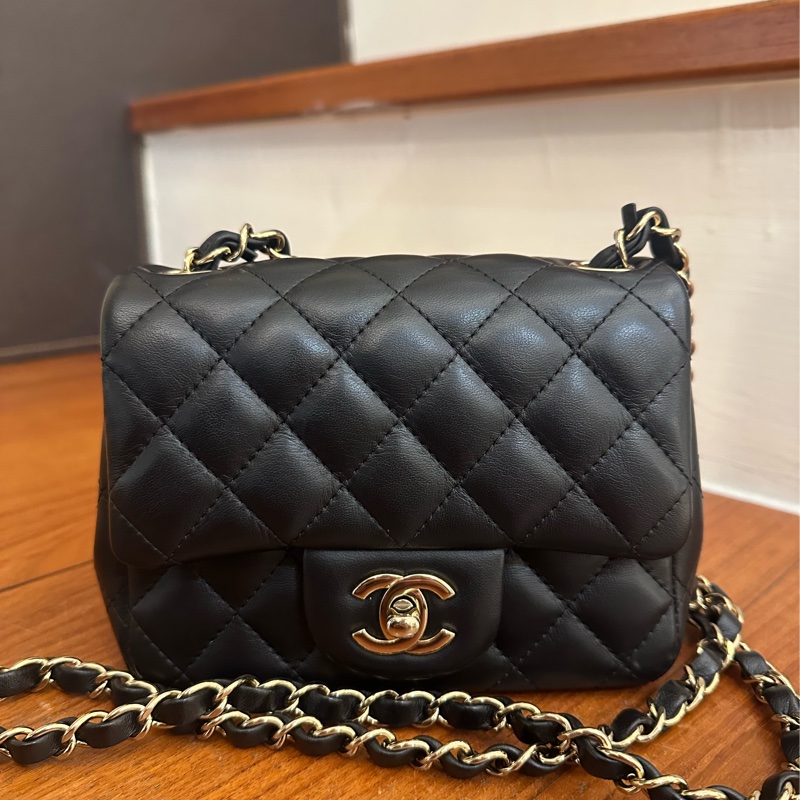 CHANEL 黑菱格淡金雙C超夯方胖鏈包 專櫃代購賣超貴…-0