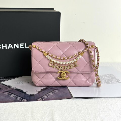 CHANEL 24A珍珠字母鍊方胖子 20 - 粉金