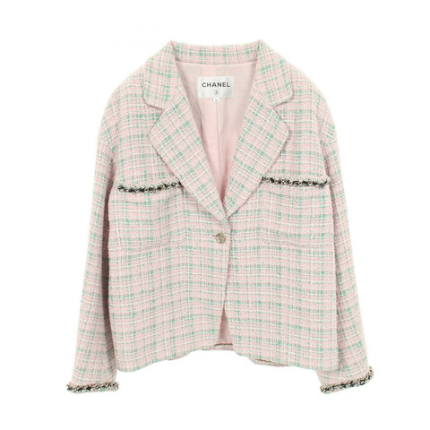 香奈兒 COCO 標誌紐扣斜紋軟呢外套 P70531V61850 聚酯纖維/棉 粉紅色 綠色 二手 女款