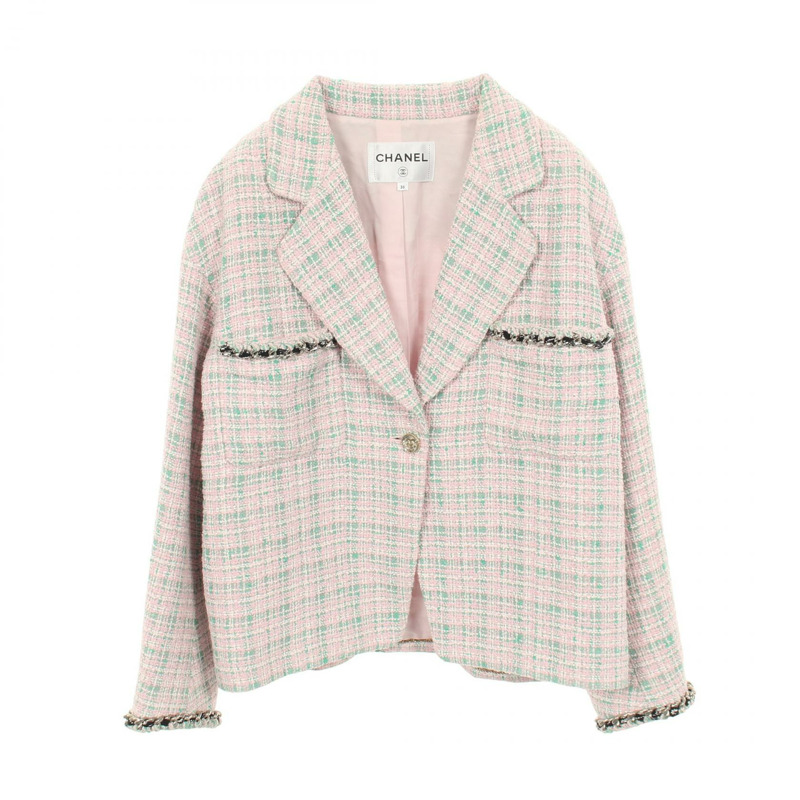 香奈兒 COCO 標誌紐扣斜紋軟呢外套 P70531V61850 聚酯纖維/棉 粉紅色 綠色 二手 女款-0
