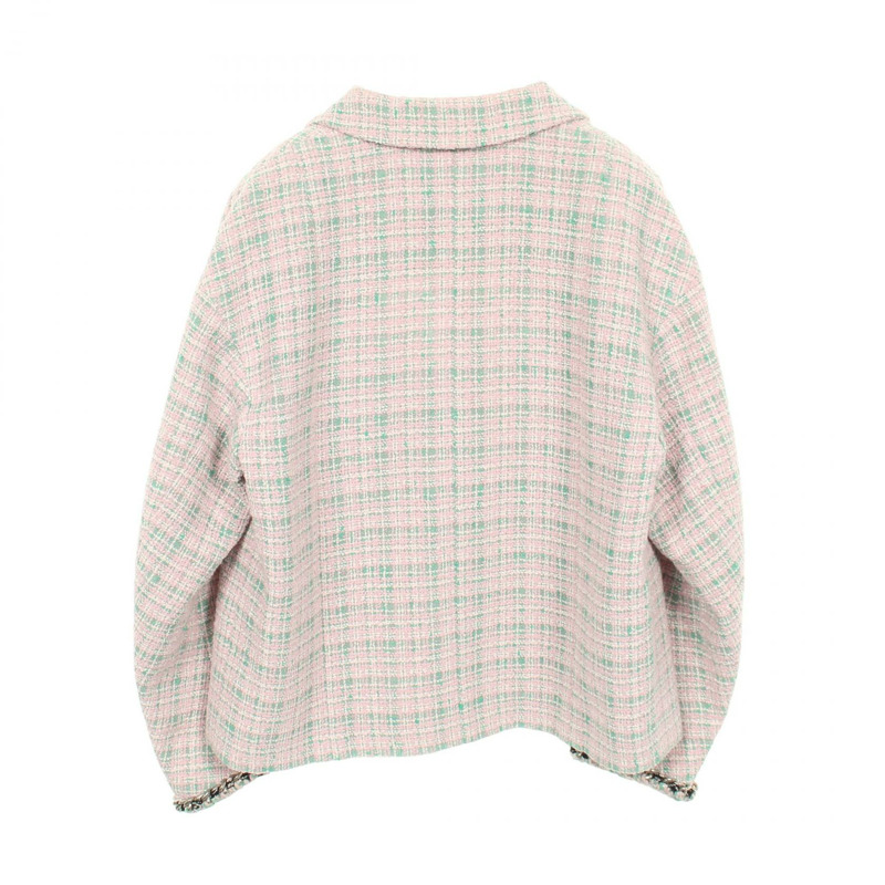 香奈兒 COCO 標誌紐扣斜紋軟呢外套 P70531V61850 聚酯纖維/棉 粉紅色 綠色 二手 女款-1