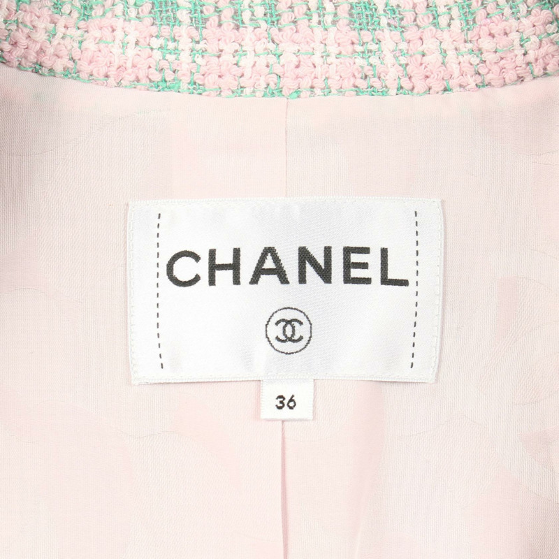 香奈兒 COCO 標誌紐扣斜紋軟呢外套 P70531V61850 聚酯纖維/棉 粉紅色 綠色 二手 女款-2