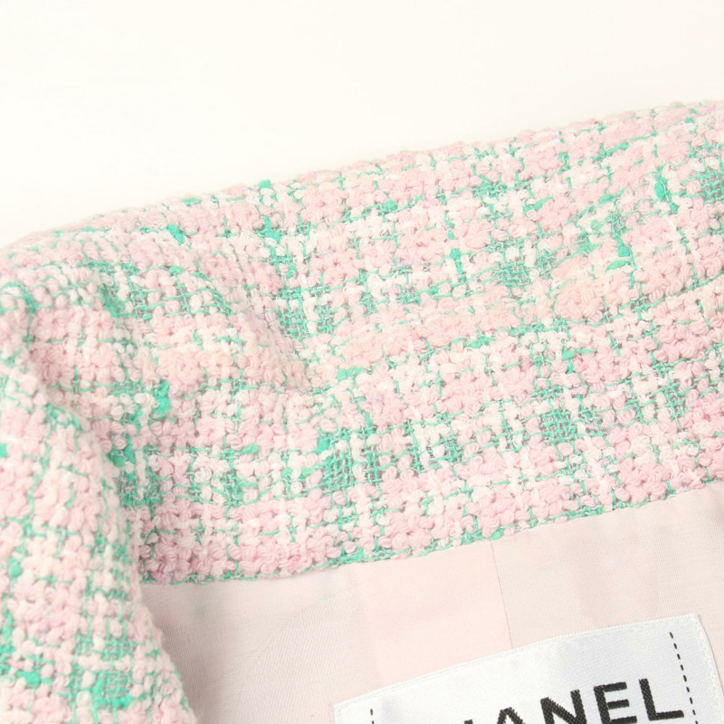 香奈兒 COCO 標誌紐扣斜紋軟呢外套 P70531V61850 聚酯纖維/棉 粉紅色 綠色 二手 女款-6